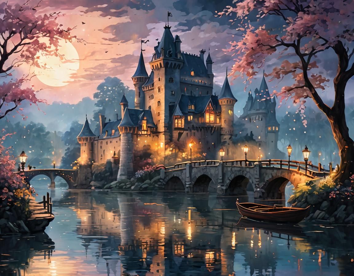 Island Castle at Night in Anime Impressionism