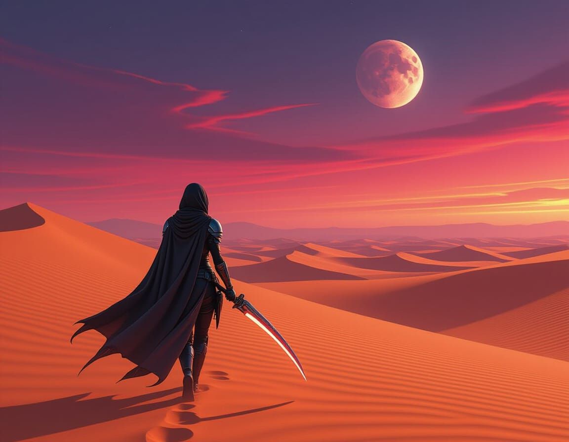 Futuristic Warrior in Alien Desert Landscape