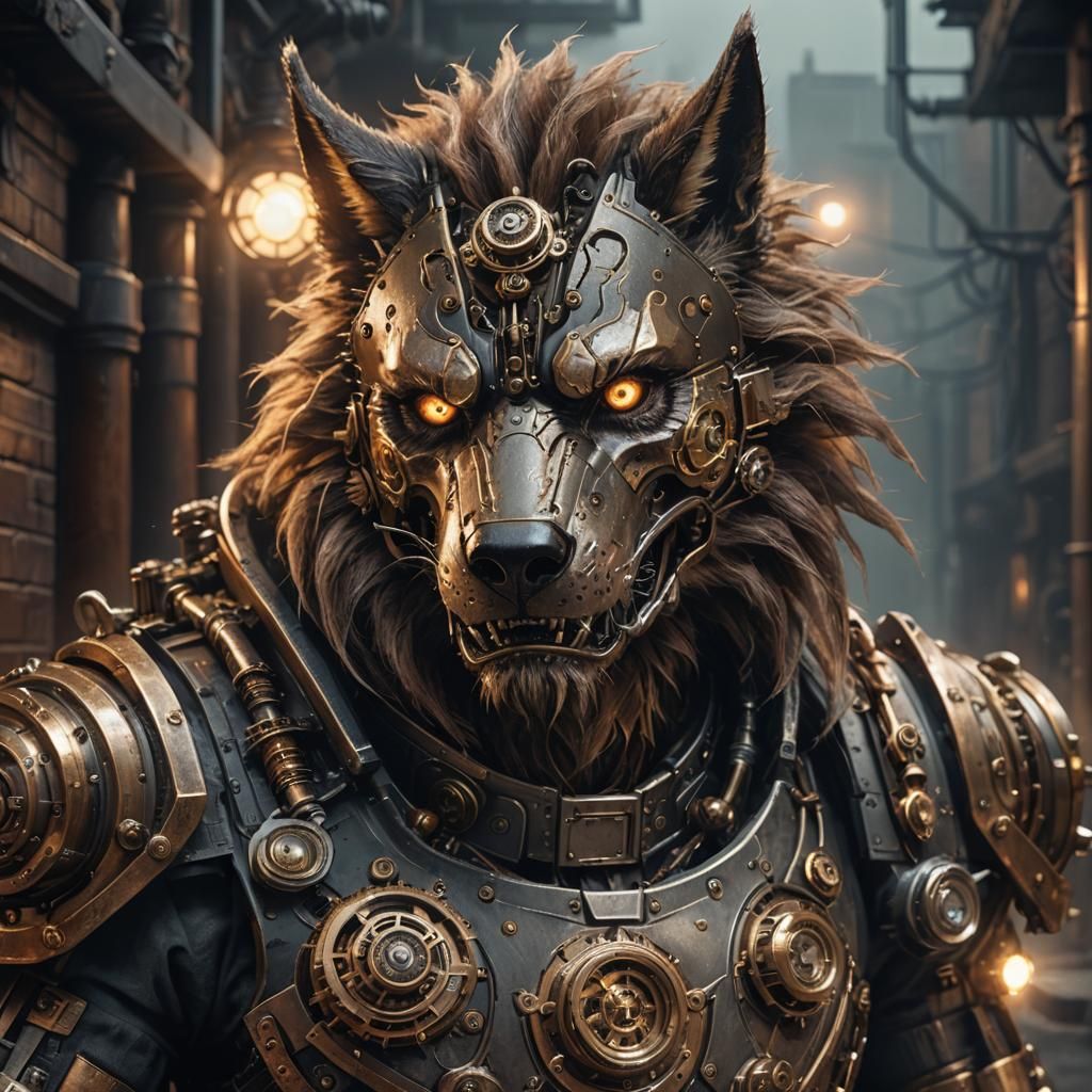 Steampunk Werewolf Transformation in Dim Alleyway