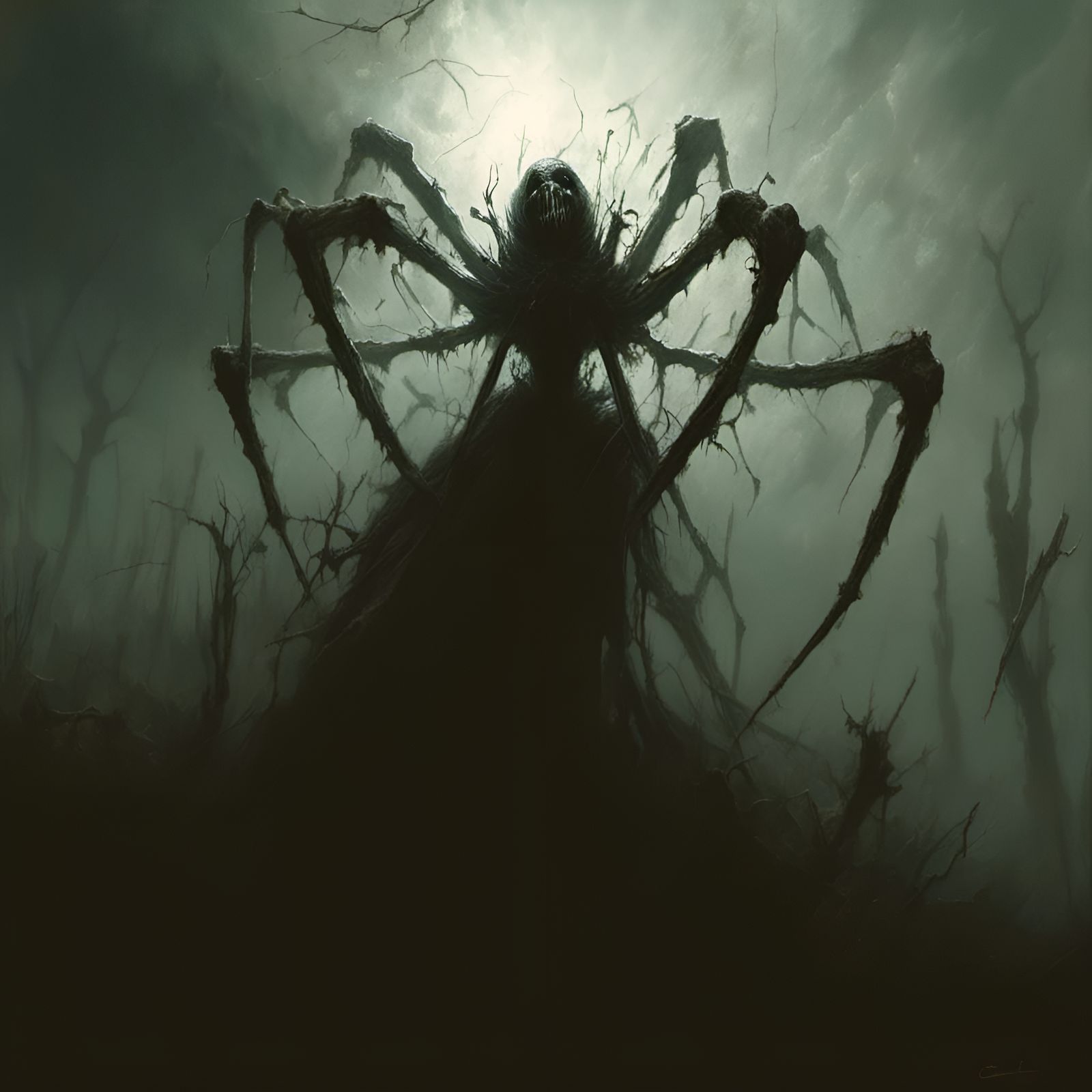 Giant Spider Witch in Desolate Swamp, Macabre Horror