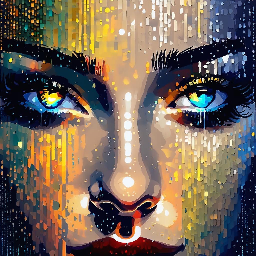 Moonlit Pointillist Painting with Digital Glitch Effect