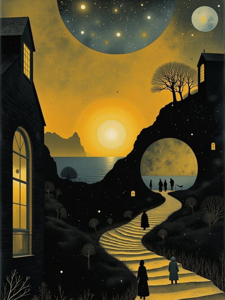 Golden Shimmer Hellscape with Celestial Sky and Winding Road