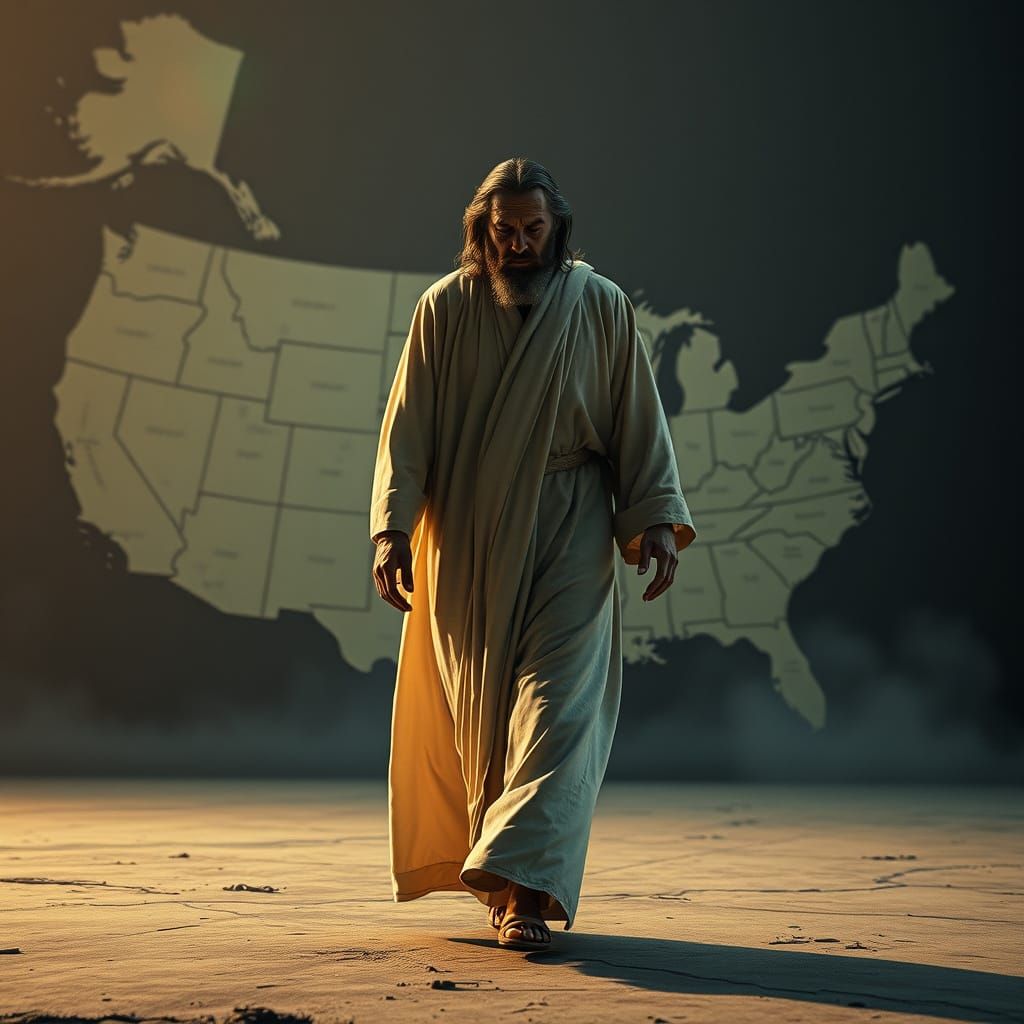 Sorrowful God Departs USA Map in Dramatic Scene