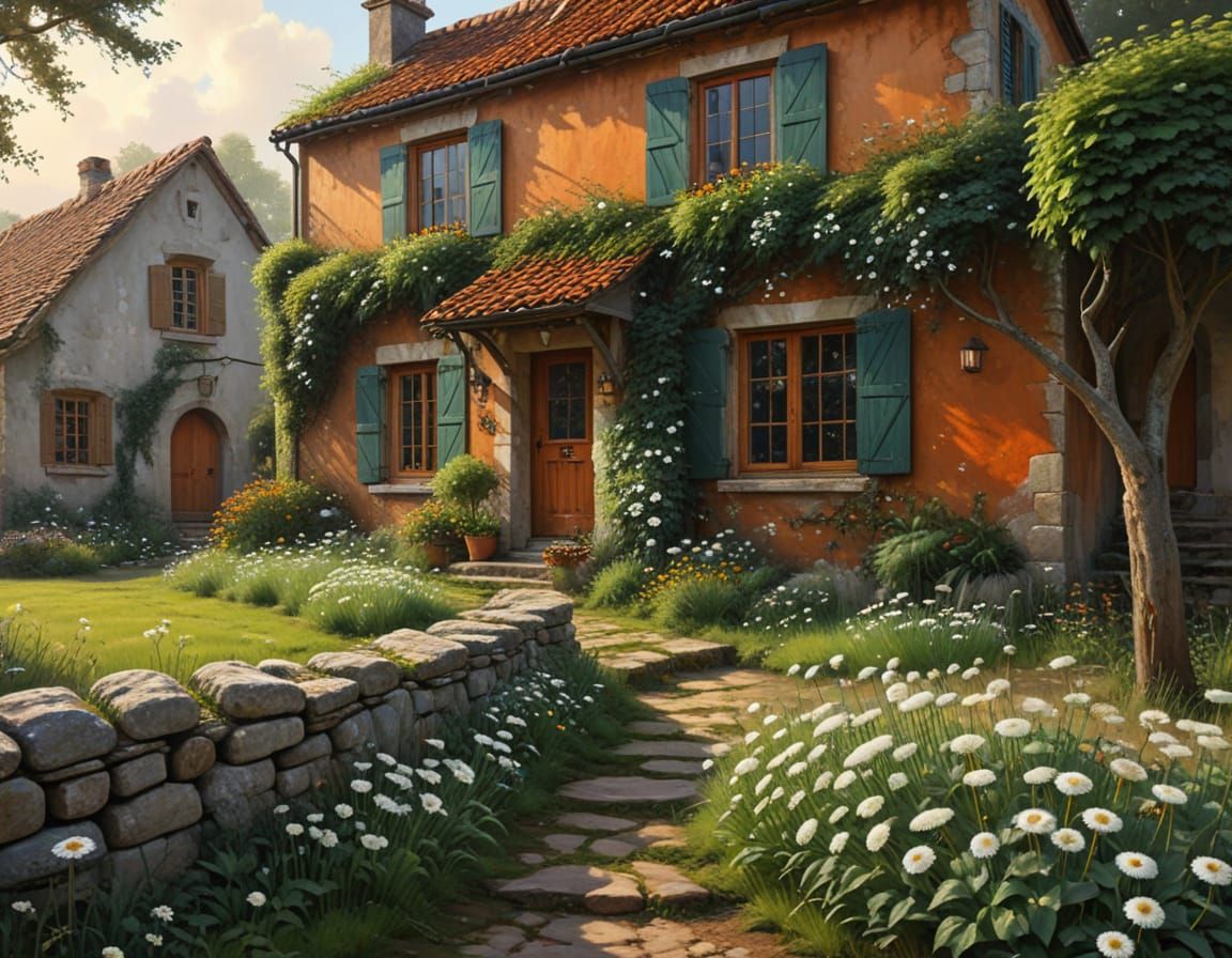 Rustic Old House with Earthy Charm in Vibrant Oil Painting
