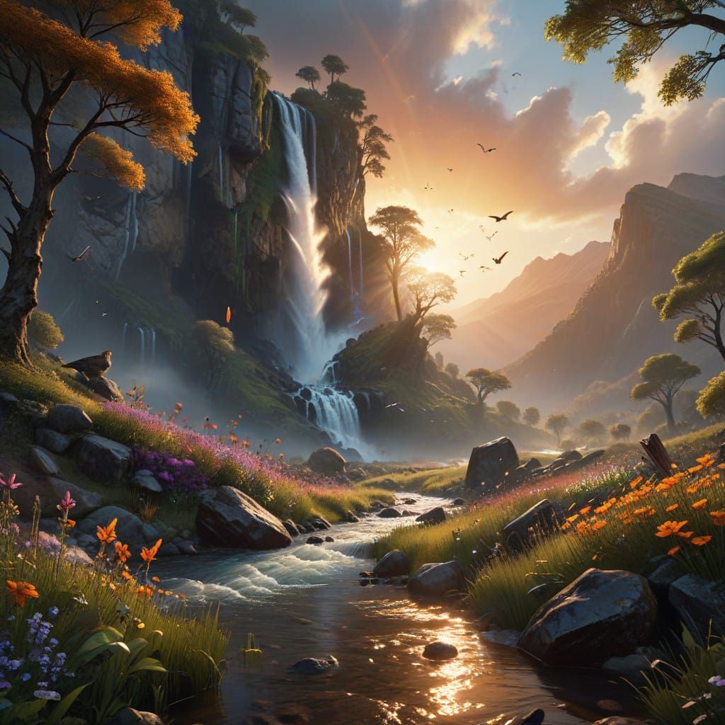 Breathtaking Sunset Waterfall in Vibrant HDR