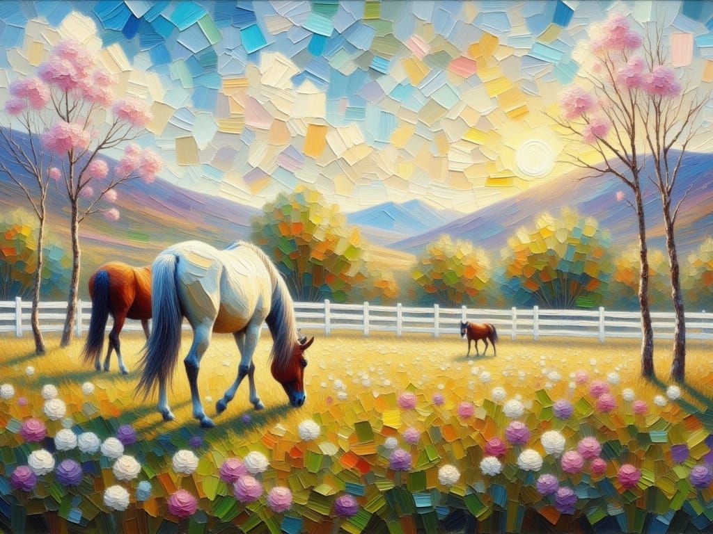 Grazing Horses in a Sunset Landscape, Impasto Oil Painting