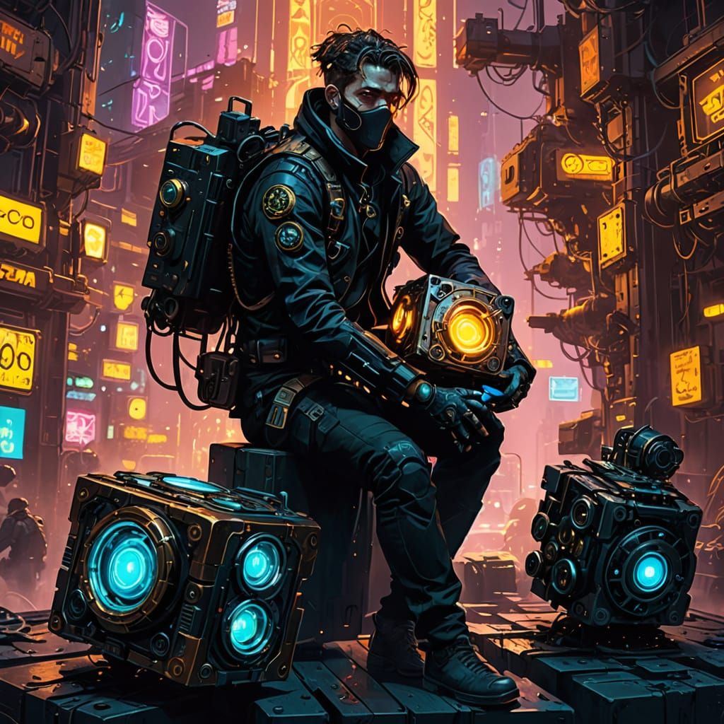 Steampunk Hacker in Neon Noir Futurism