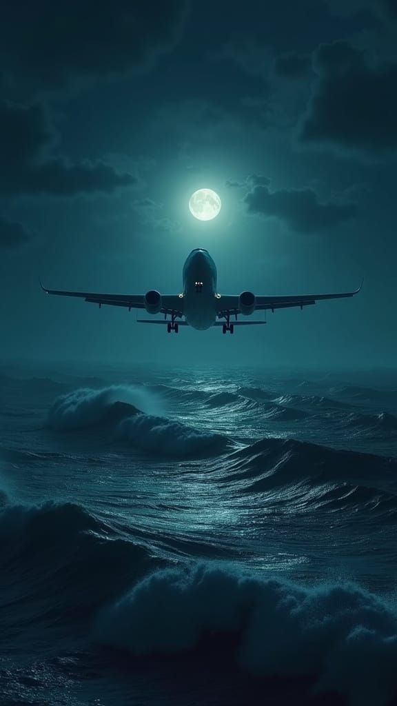 Moonlit Airliner Soaring Over Dark Ocean