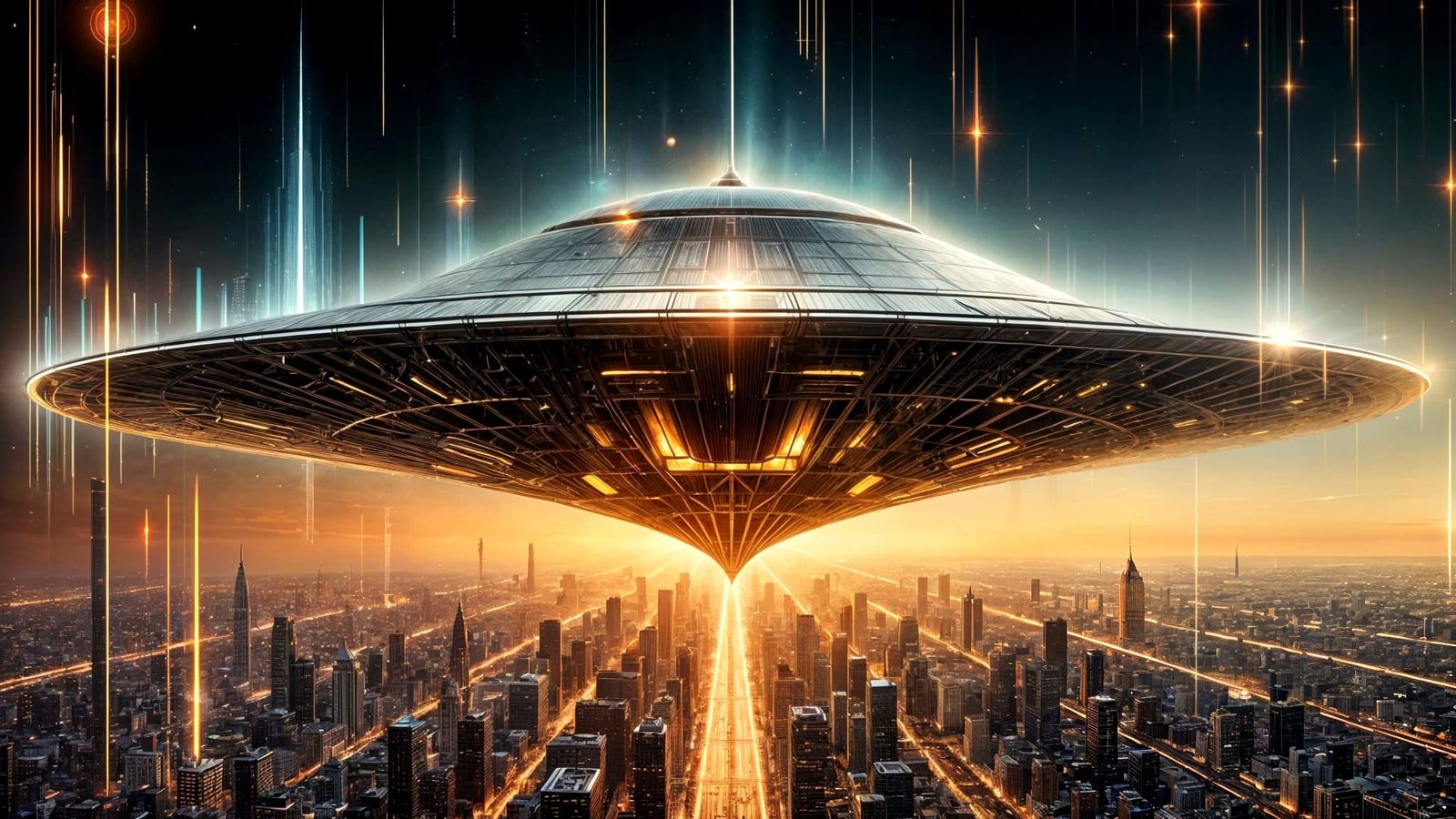 Art Deco Flying Saucer Over Stylized Cityscape