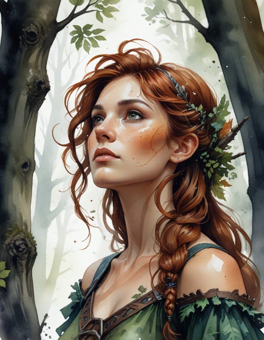 Dark Druid Maiden Gazing Up At Forest Trees