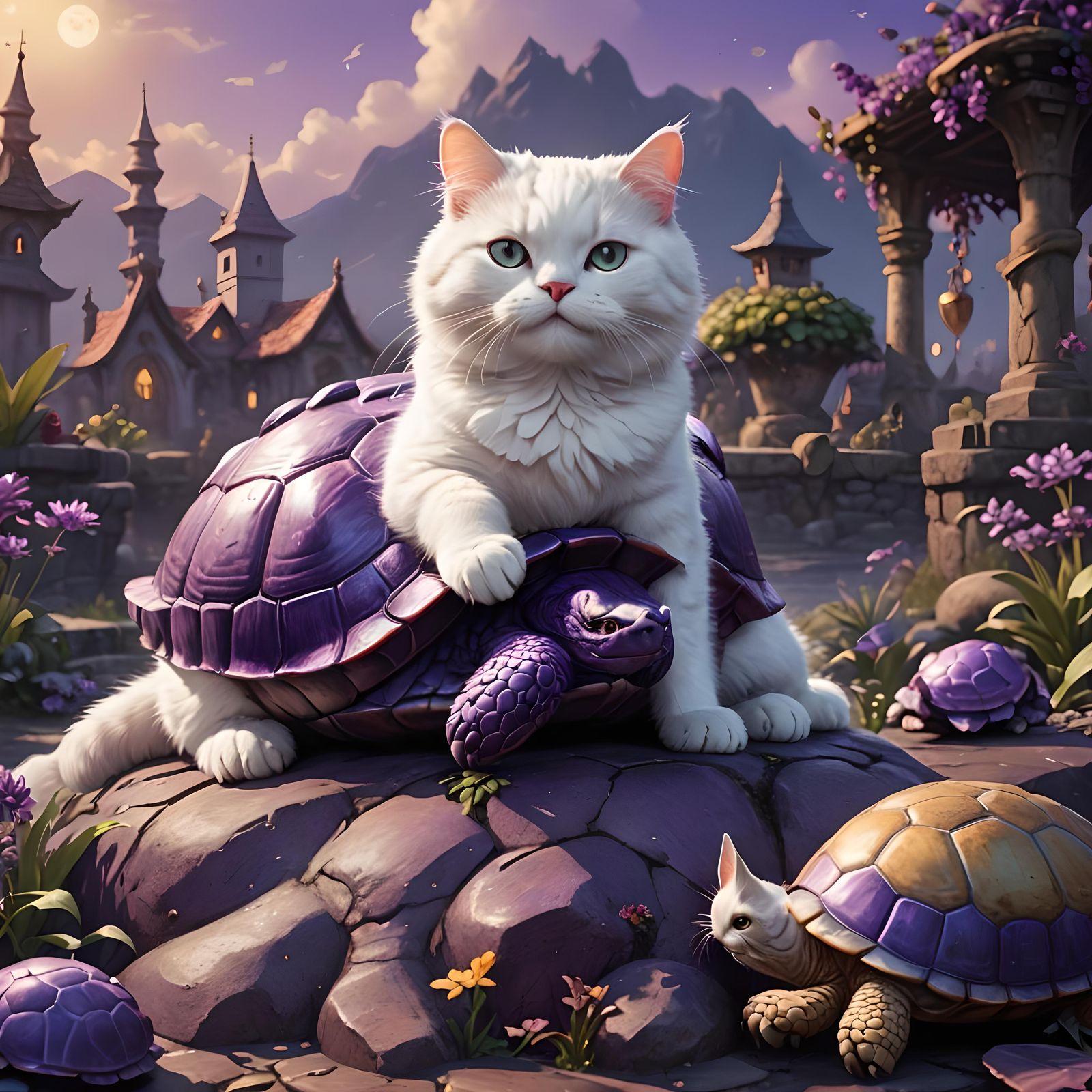 Smiling White Cat on Purple Turtle Fantasy Art