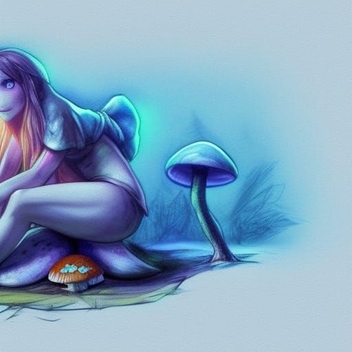 Blue Fae Sleeping, Guarded by Wolf: Digital Art