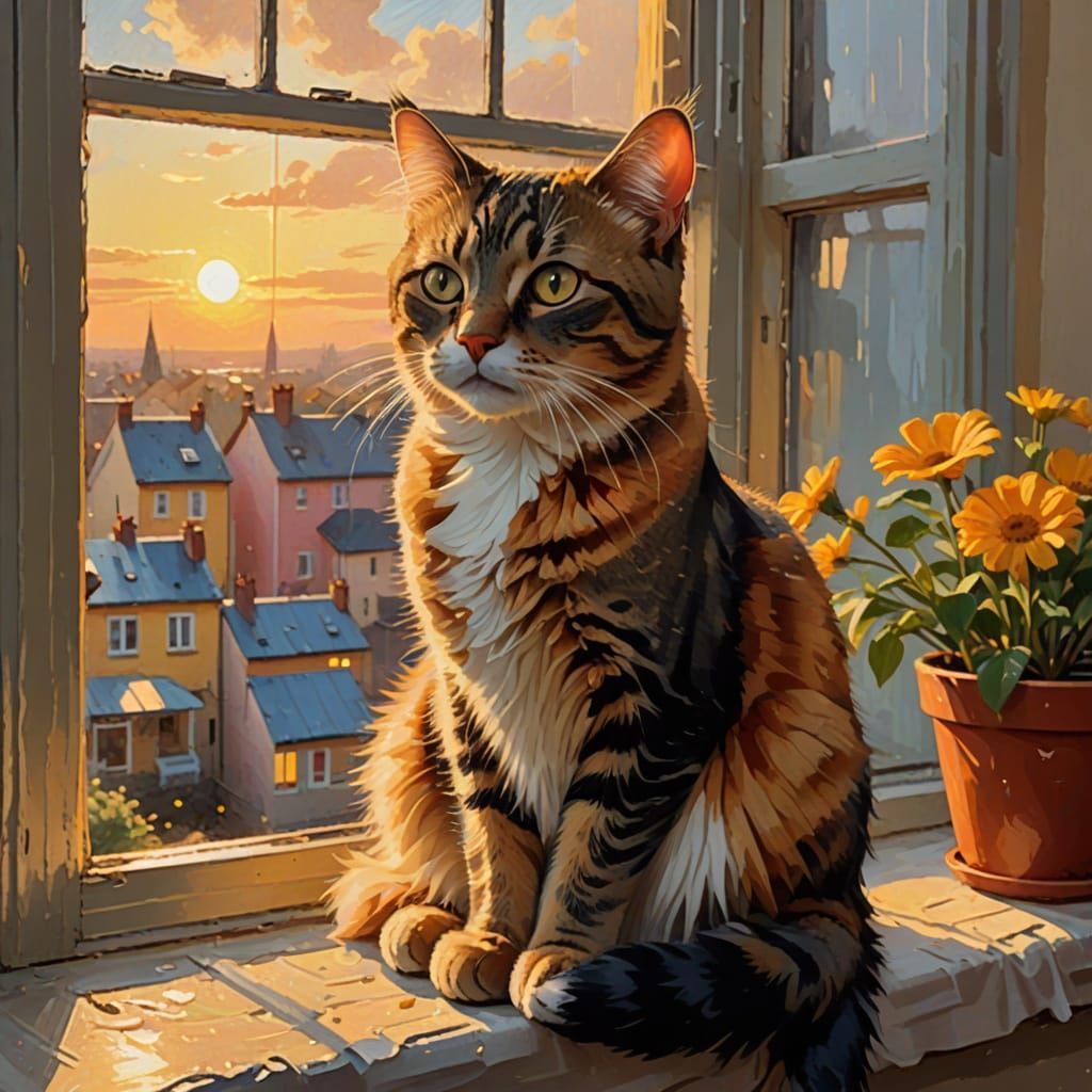 Gouache Cat on Windowsill in Golden Hour Light