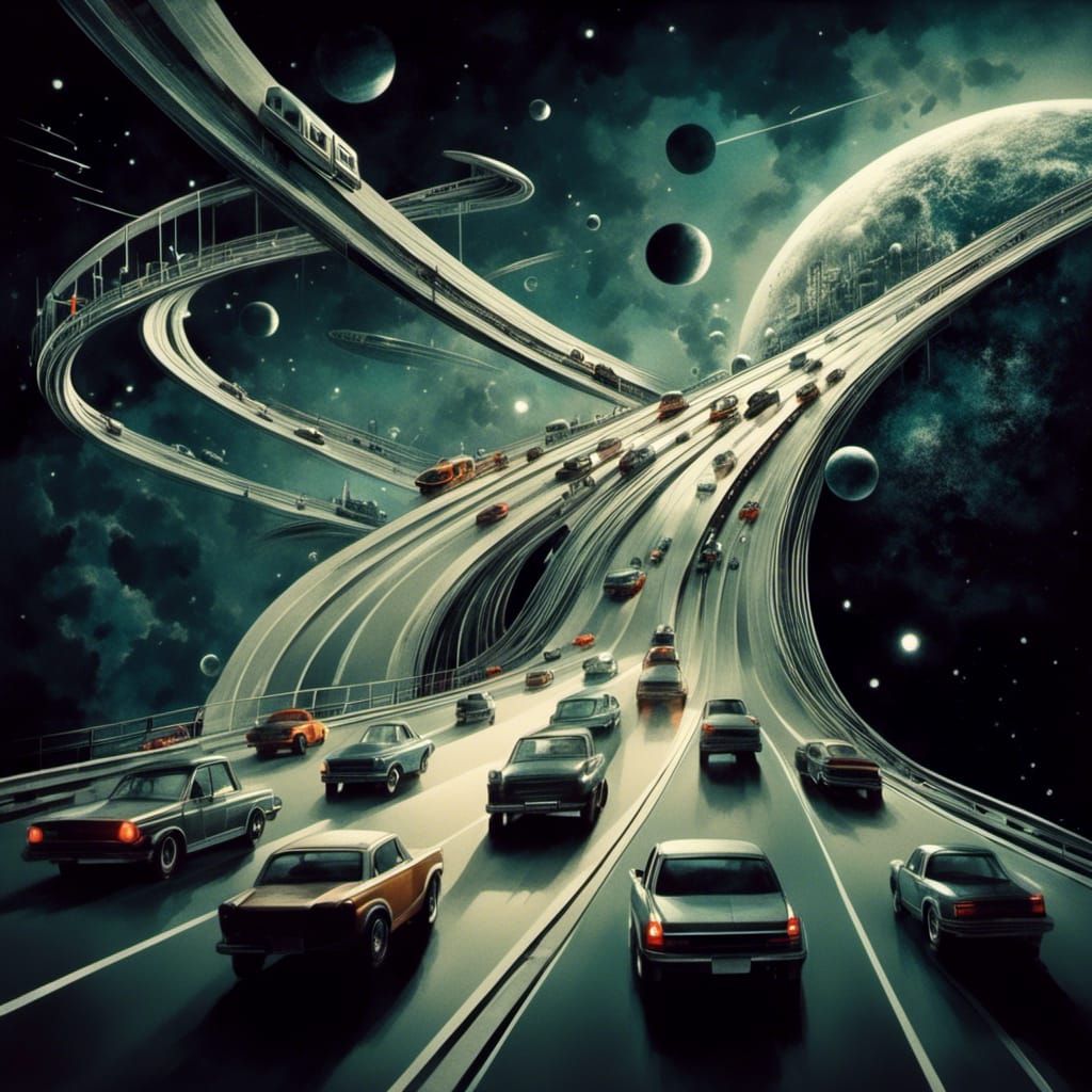 Surreal Art Deco Motorway in Space Oil Painting