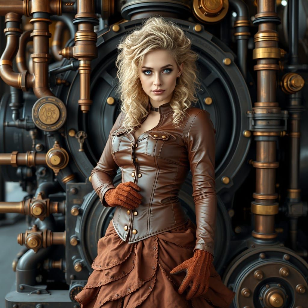 Confident Steampunk Siren with Intricate Hair and Brass Acce...