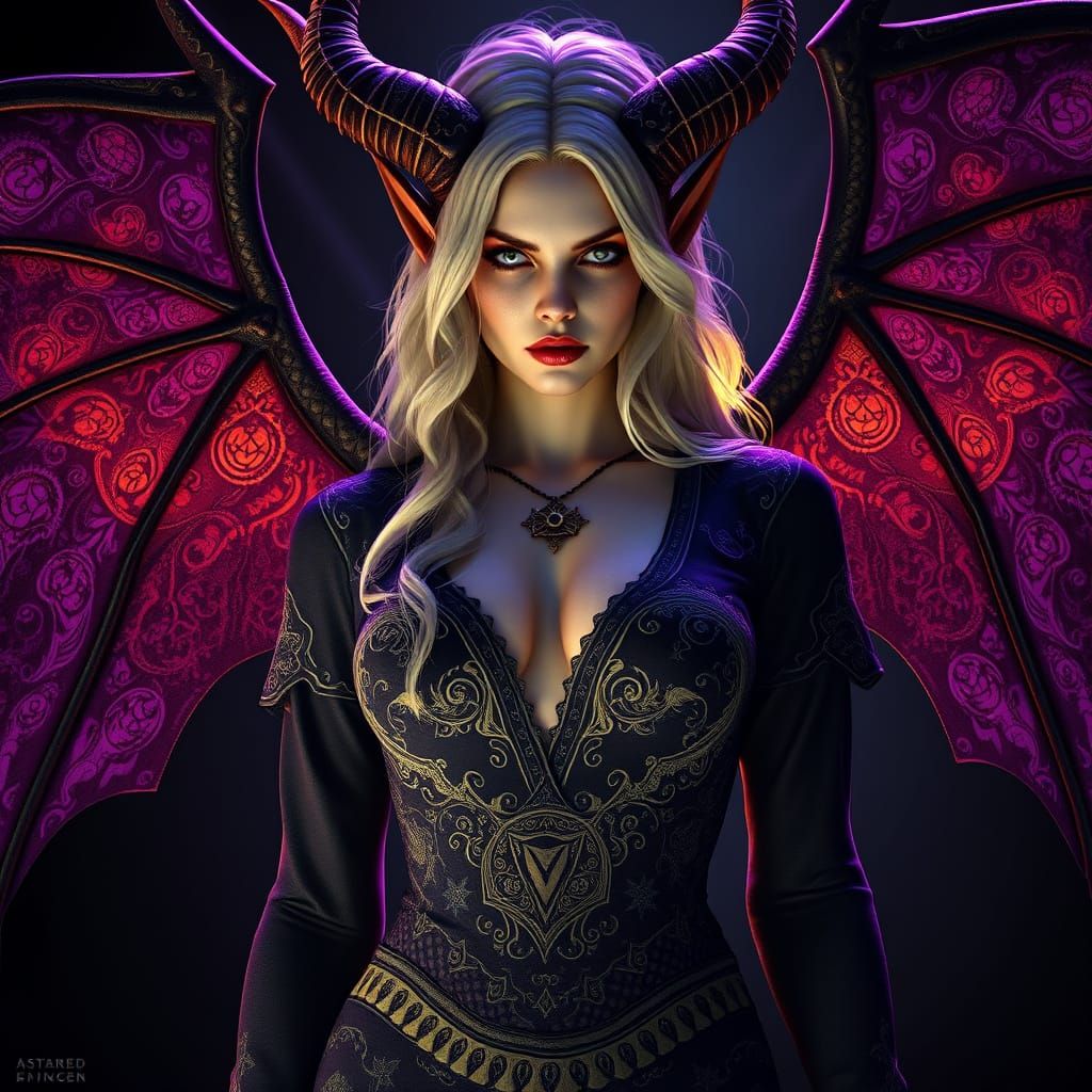 Blond Demon in Embroidered Dress, Dark Fantasy Art