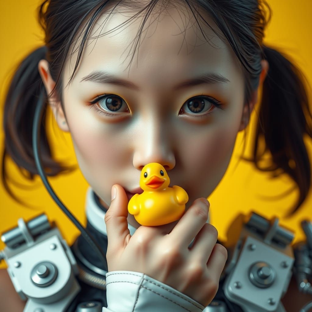 Japanese Cyborg Girl with Duck in Cyberpunk Style
