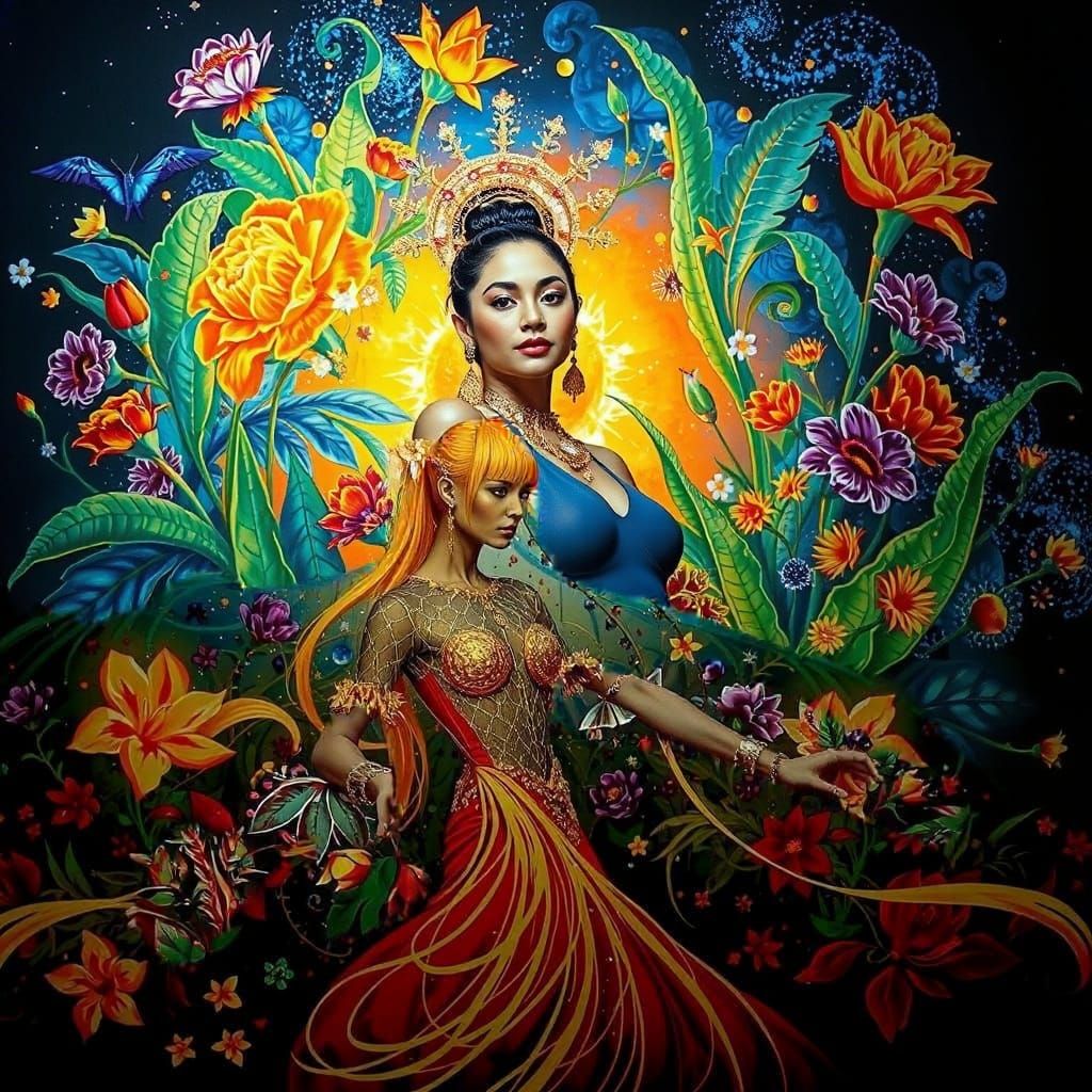 Psychedelic Garden Bloom with Cosmic Mystery