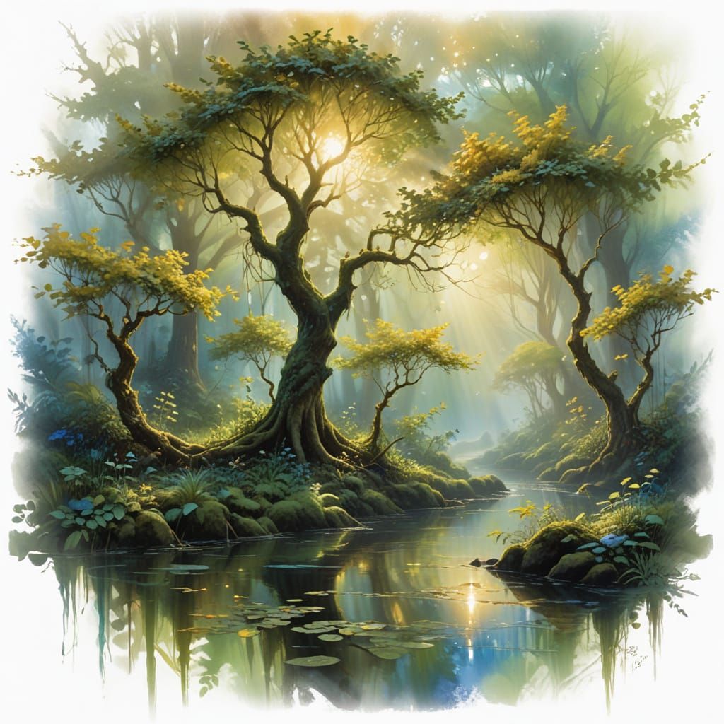 Enchanted Forest Awakens at Dawn in Vibrant Colors