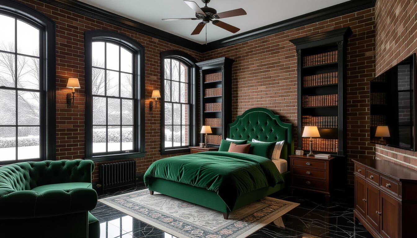 Gothic Victorian Bedroom with Fireplace and Snowfall