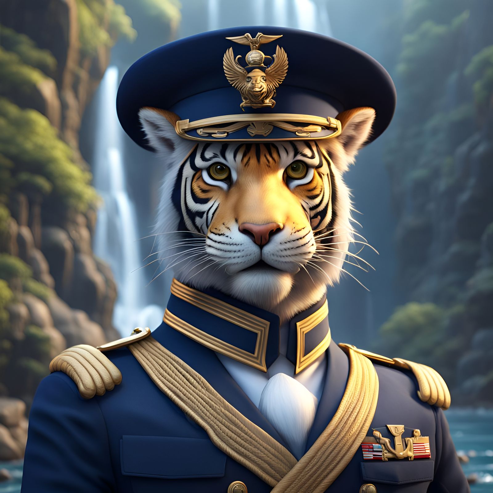 Anthropomorphic Tiger in Navy Uniform by Waterfall