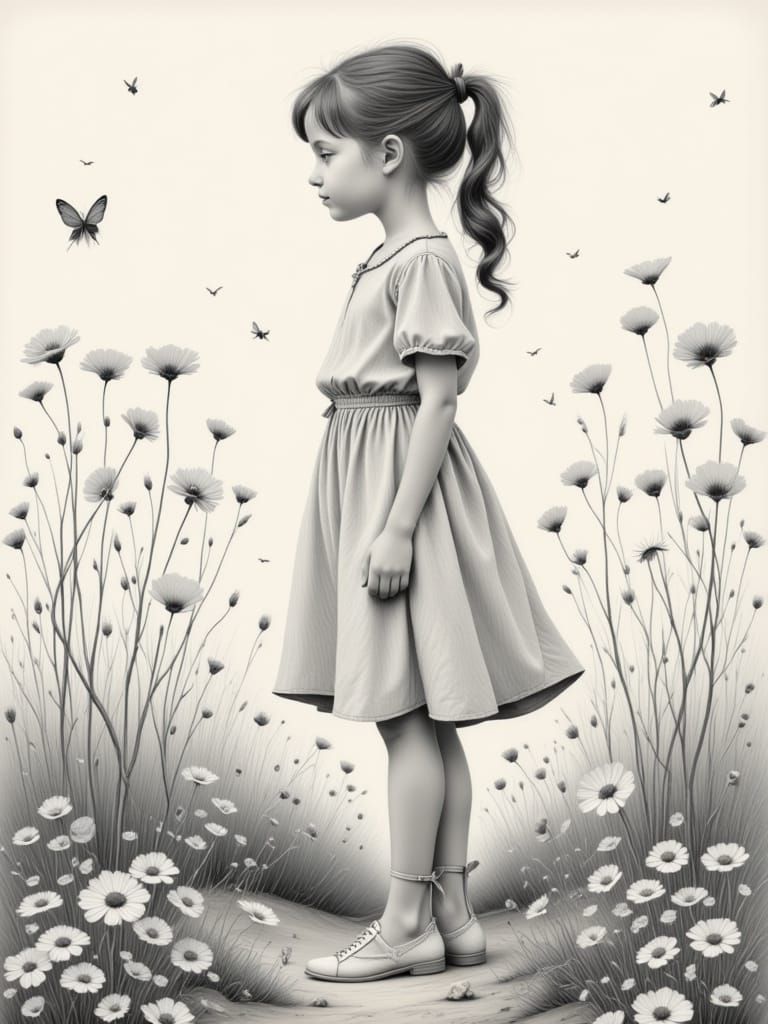 Gentle Girl in a Wildflower Meadow Pencil Drawing