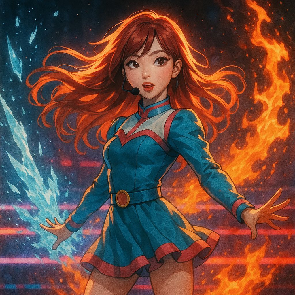 K-Pop Idol Dances with Icy Fire in Anime Style
