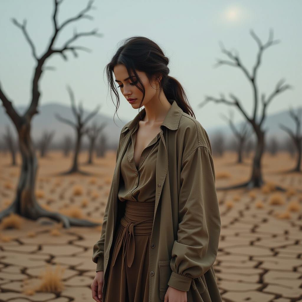 Melancholy Figure in Desolate Landscape, Hyperrealistic Styl...