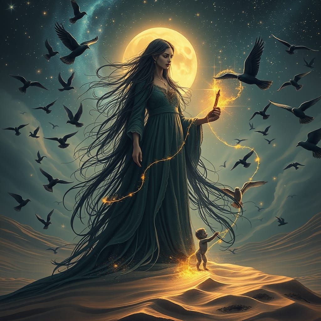 Ethereal Goddess of Fate Weaves Destiny in Celestial Landsca...