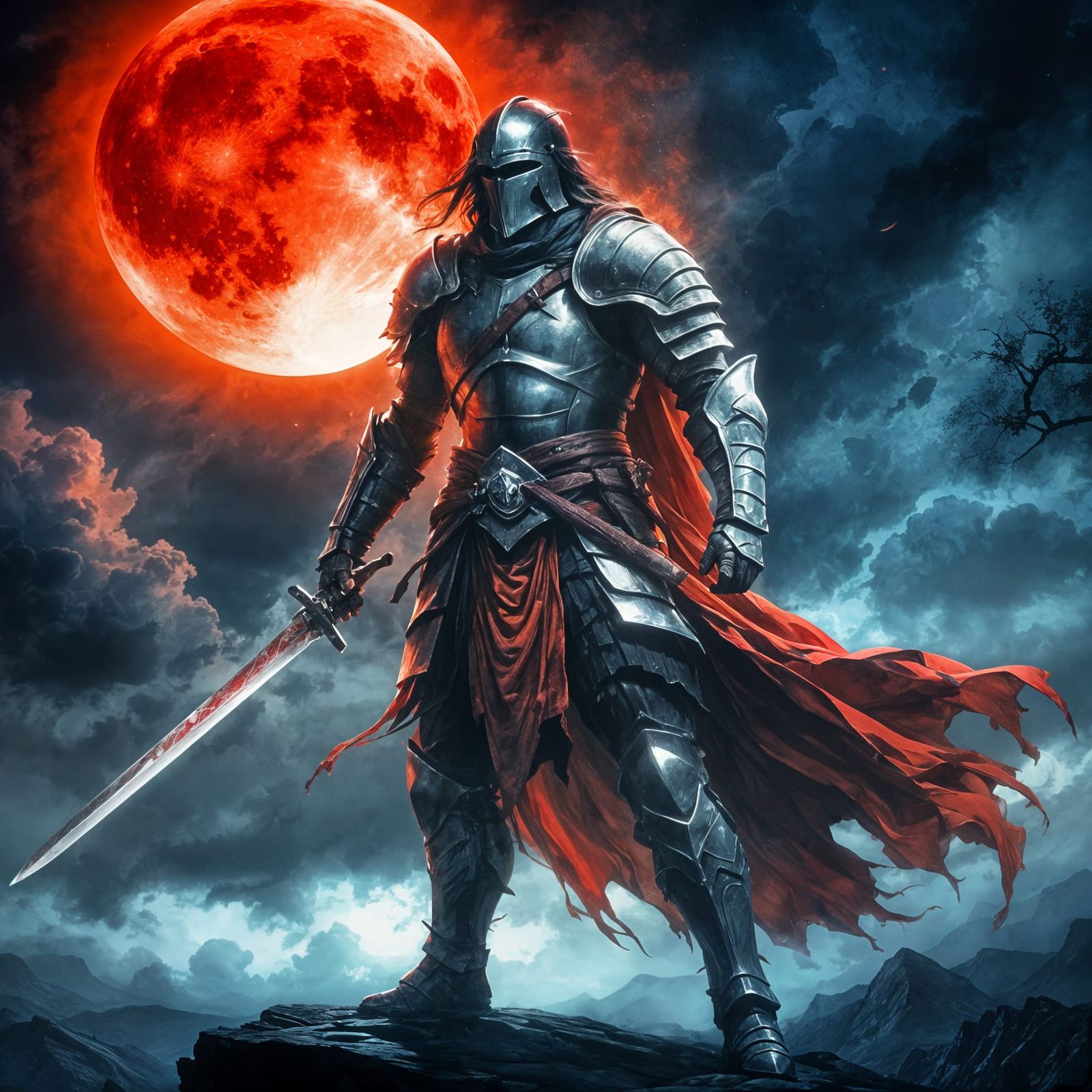 "Silhouette of Blood Moon Knight"- fantasy warrior illustrat...