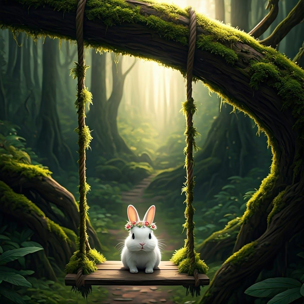 Rabbit on Swing in Enchanted Forest: Matte Painting