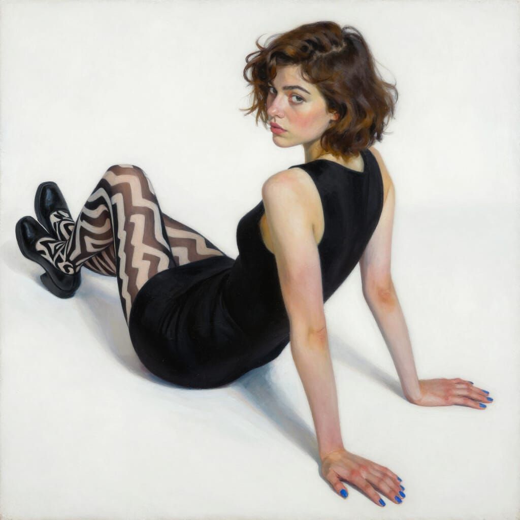 Impasto Oil Painting of Woman in Zigzag Tights