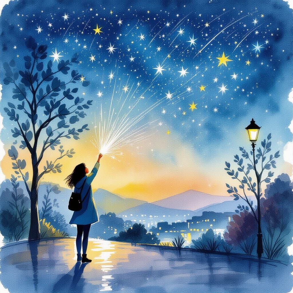 Watercolor Star Shower Falling Across Night Sky