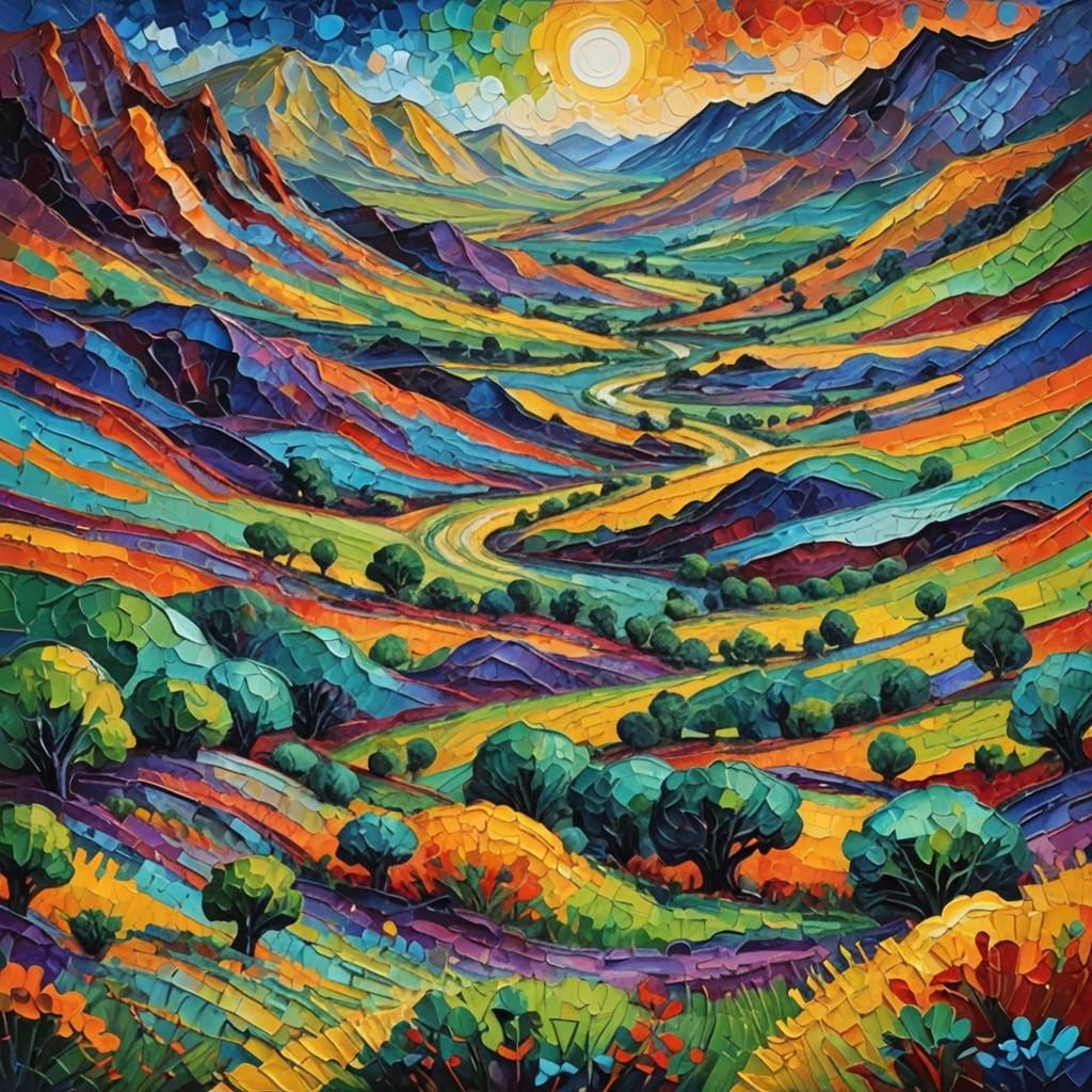 Colorful Alien Landscape in Expressionist Oil Painting