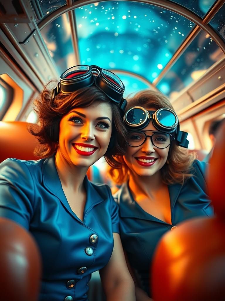 Steampunk Flight Attendants in Vaporwave Airship