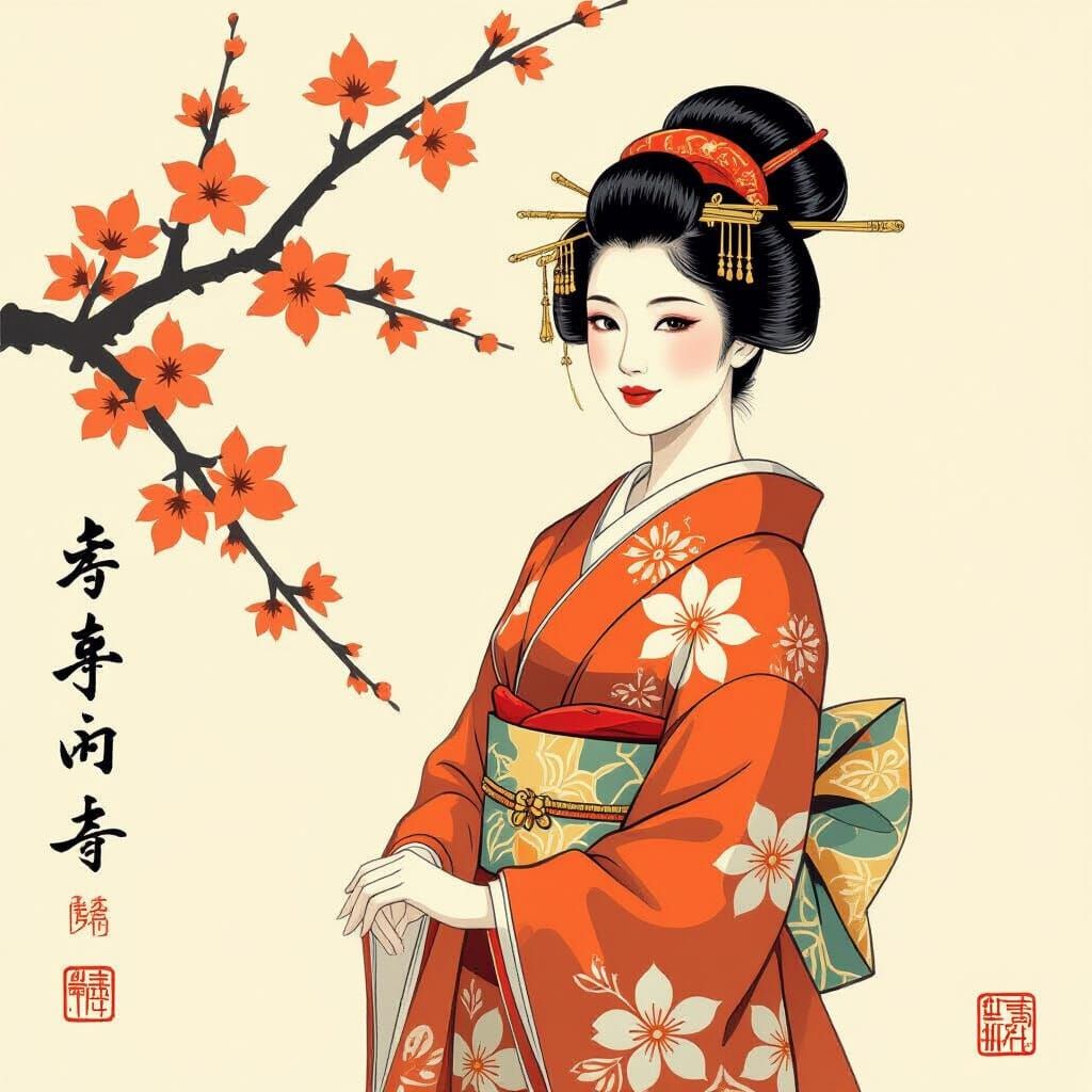 Elegant Asian Woman in Traditional Costume, Sumi-e Style