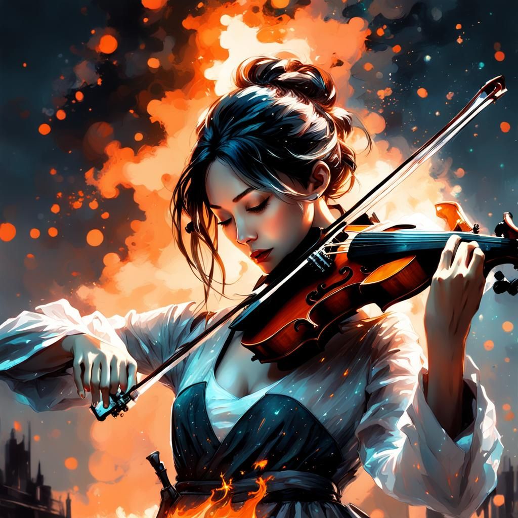 Woman Playing Carbon Violin Under Starry Skies