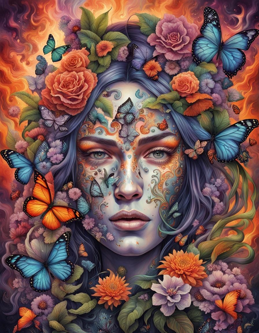 Psychedelic Woman Surrounded by Flowers and Flames