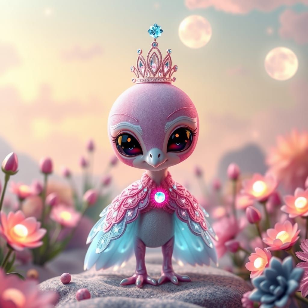 Iridescent Peacock Alien in Bioluminescent Garden