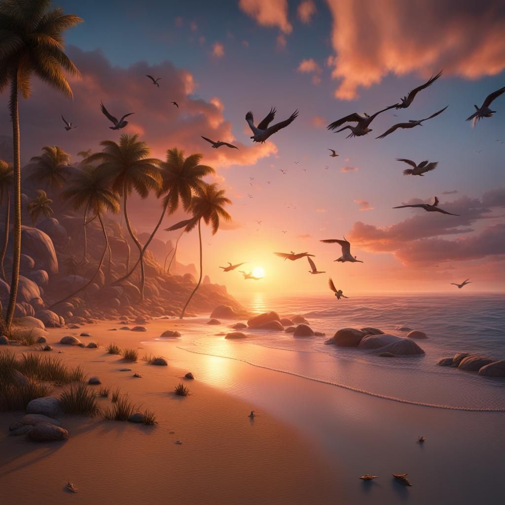 Tranquil Sunset Beach with Flying Birds