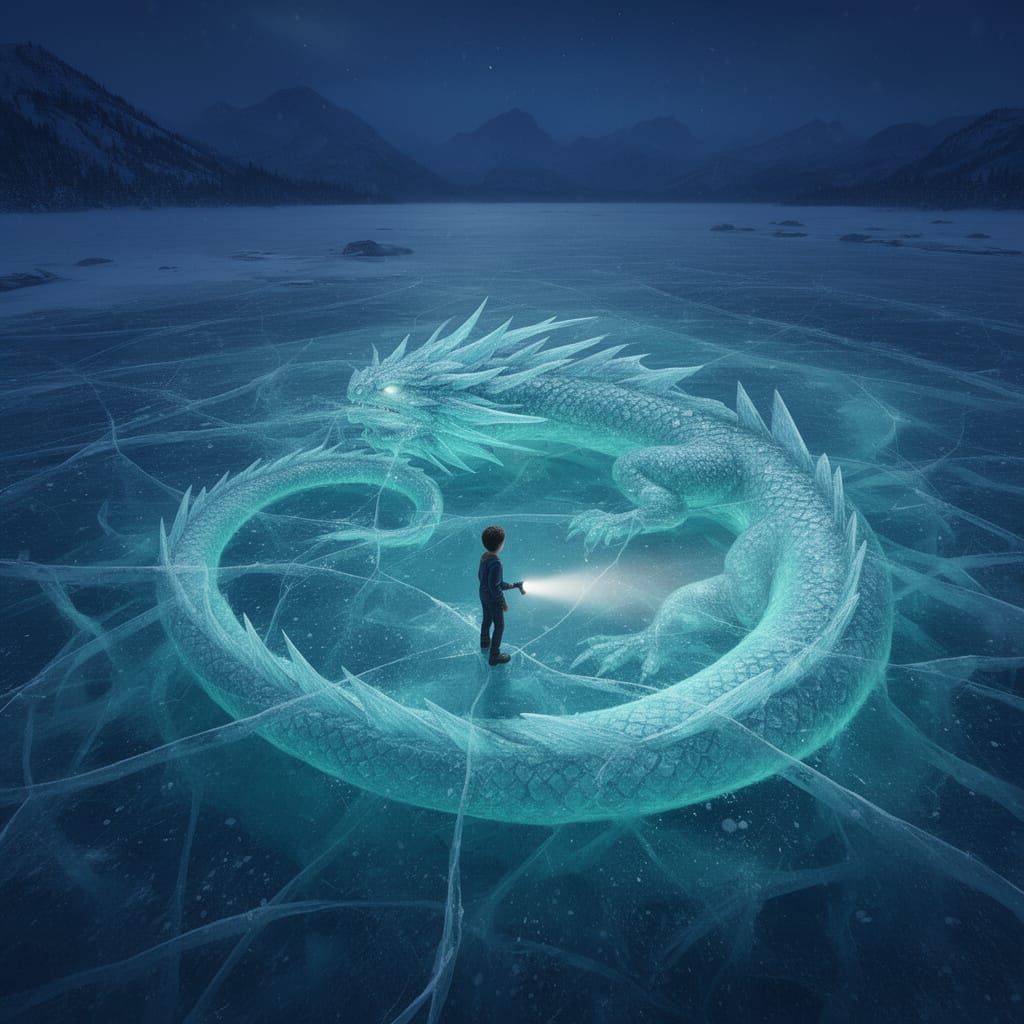Ice Dragon Sleeps Beneath Transparent Lake at Night