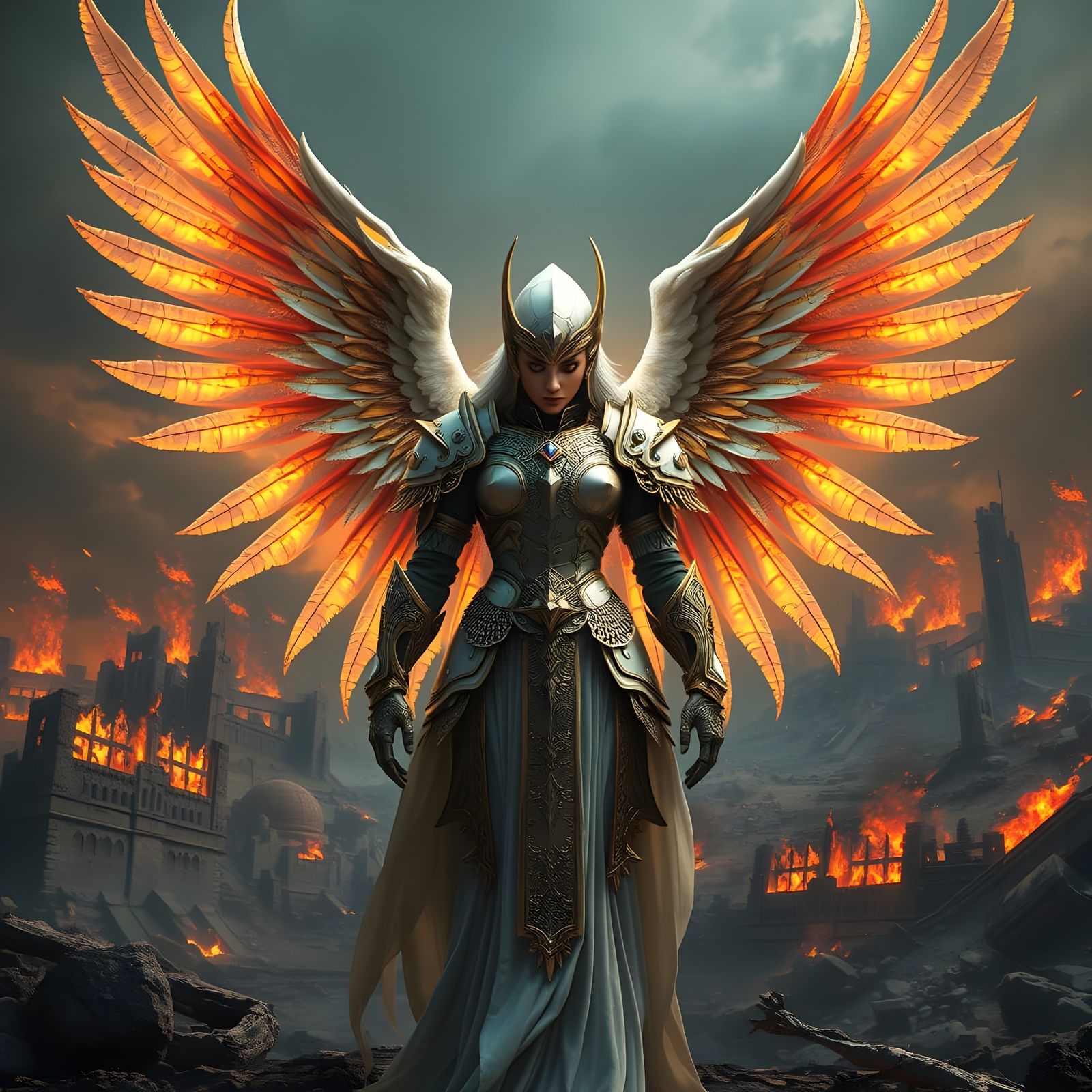 Ethereal Fallen Angel in Hellish Landscape