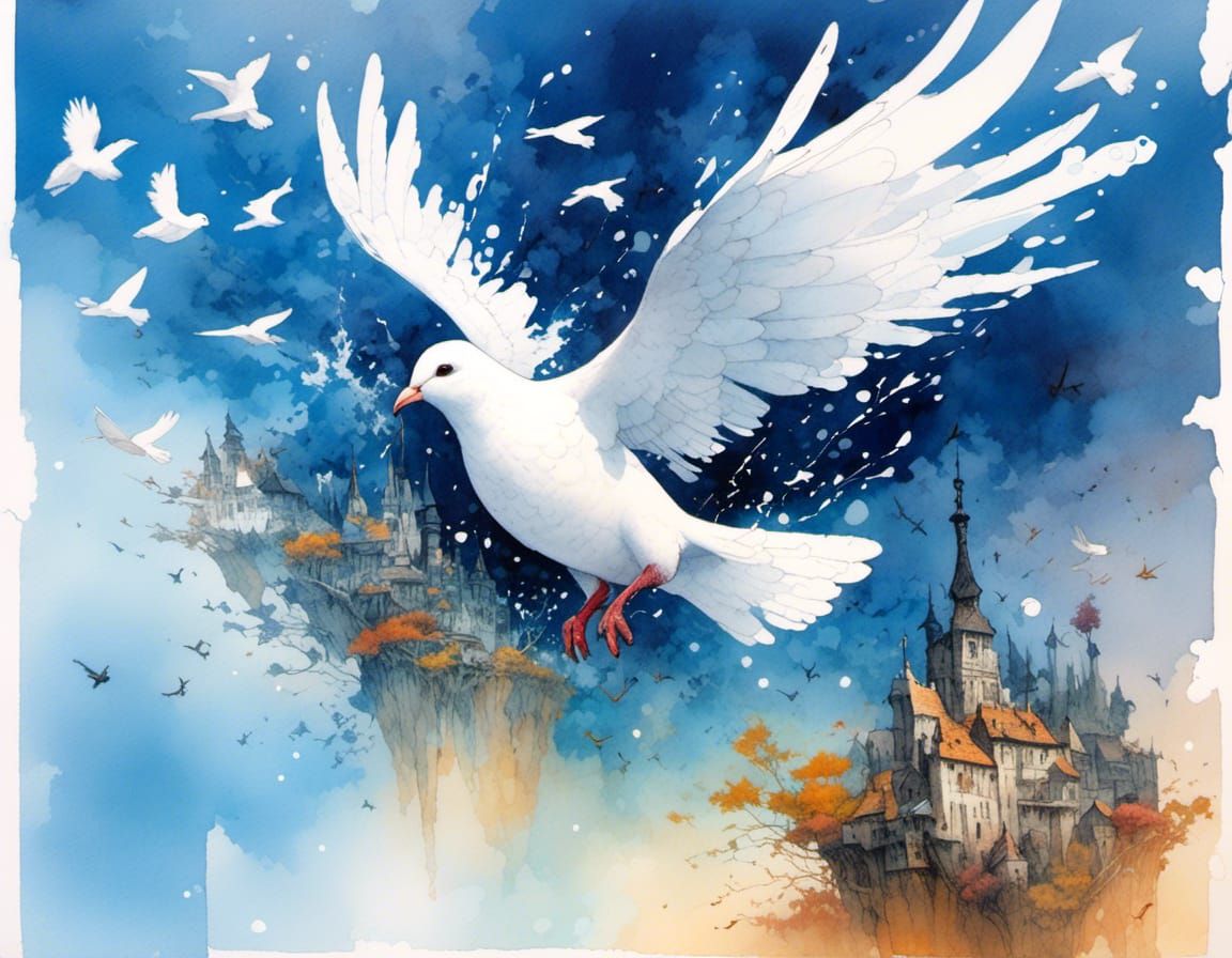Dove in Flight: Wet Acrylic Splash Art