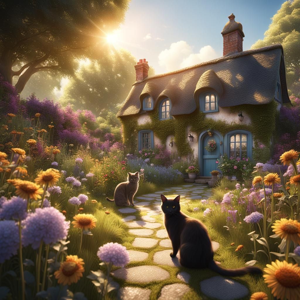Cats in a Sunny Cottage Garden: Detailed Matte Painting