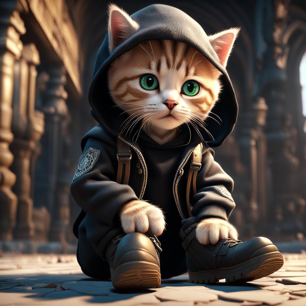 Kitten in Hoodie and Boots, 3D Game Cinematic