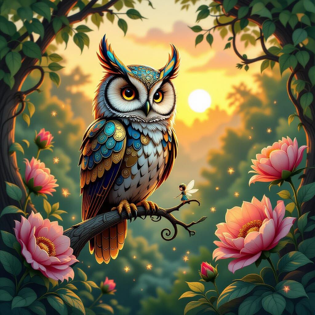 Clockwork Owl in Enchanted Garden Digital Art