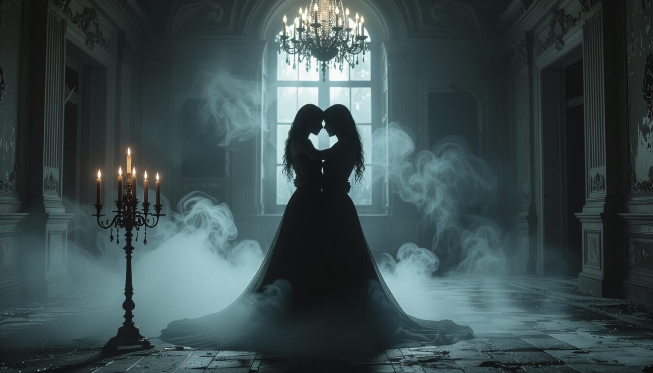 Haunting Embrace in Decaying Ballroom