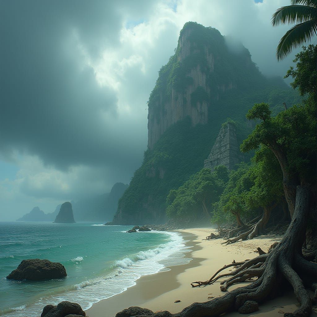 Mysterious Jungle Island with Aztec Ruins