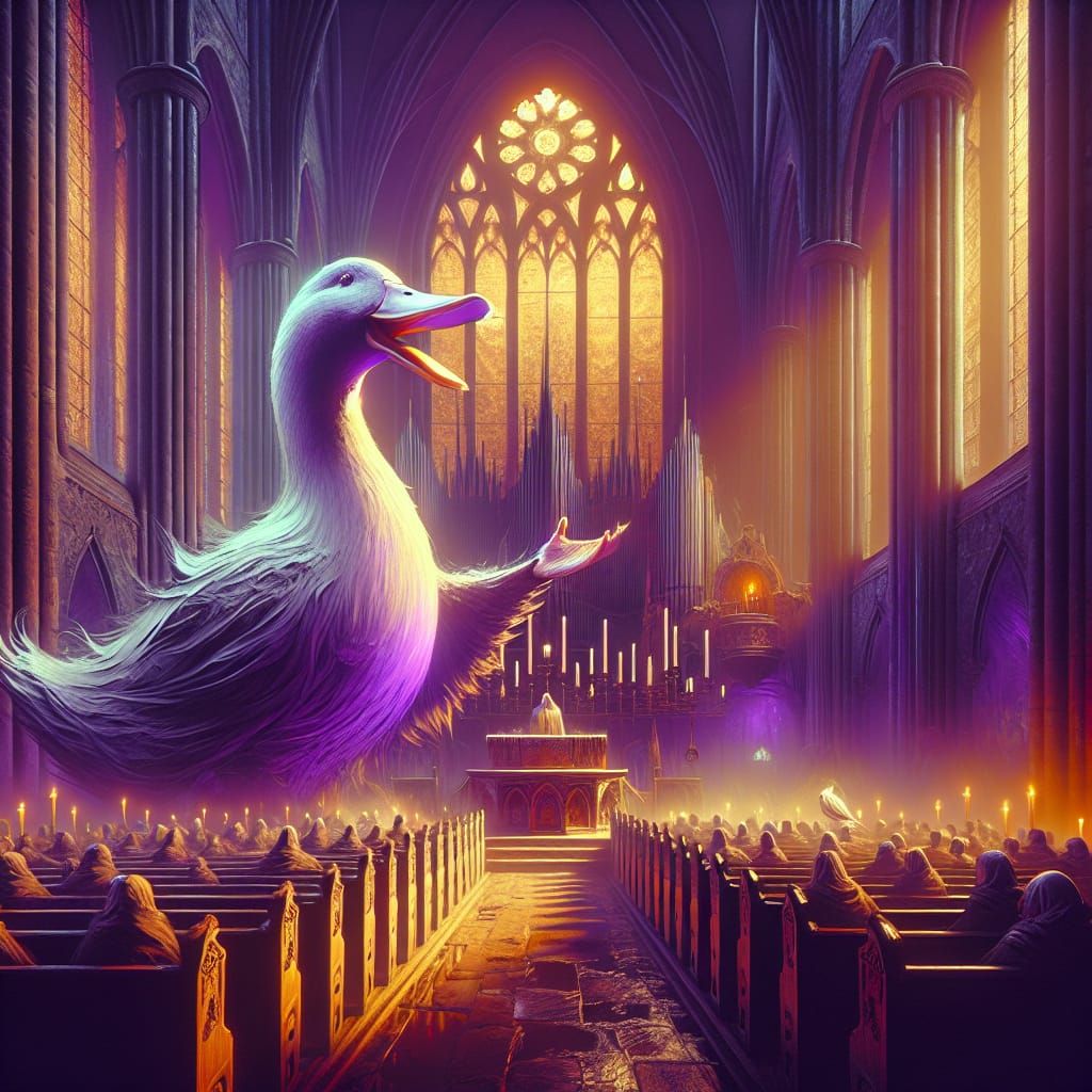 Duck Preaching in Church: Dark Fantasy Digital Painting