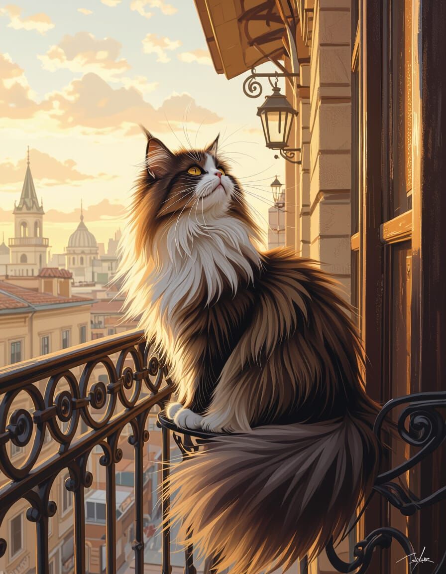 Persian Cat Balcony Scene in Digital Painting Style
